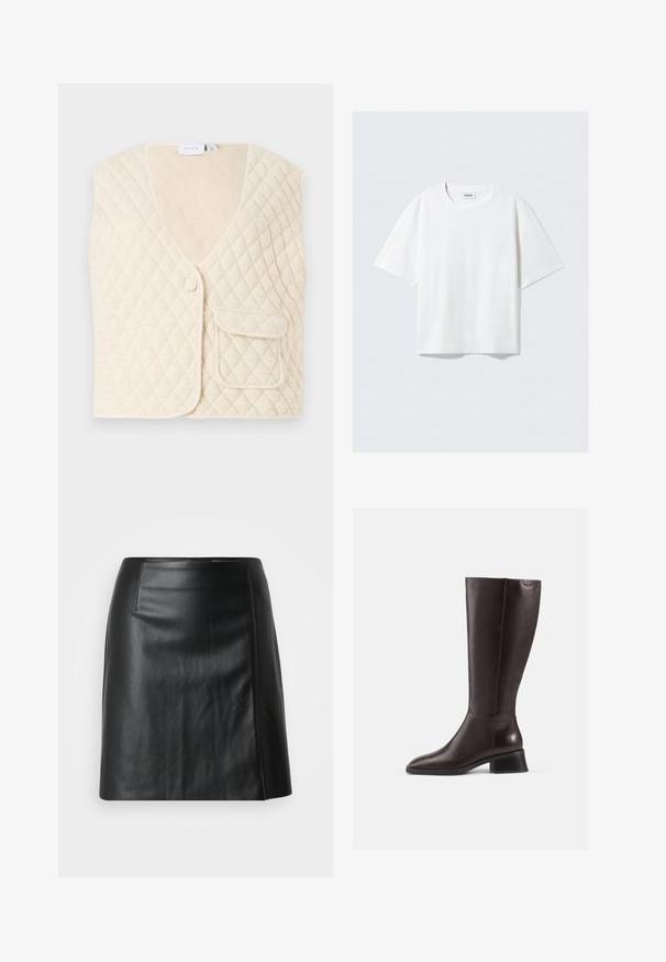 Vest matlasat de culoare albă murdară, cu decolteu în V, închidere cu un singur nasture și o buzunar în față. Material moale cu un model în diamante.; Tricou alb cu mânecă scurtă dintr-o țesătură de bumbac moale, având guler rotund și o croială lejeră, cu tiv drept, fără modele sau grafică.; Fustă din piele neagră, design în formă de A, textură netedă, cu o fanta laterală. Prezintă cusături subtile de-a lungul cusăturilor pentru un plus de detaliu.; Botine din piele maro, până la genunchi, cu finisaj neted, vârf rotund și toc negru, stratificat. Design simplu, cu detalii hardware minime.
