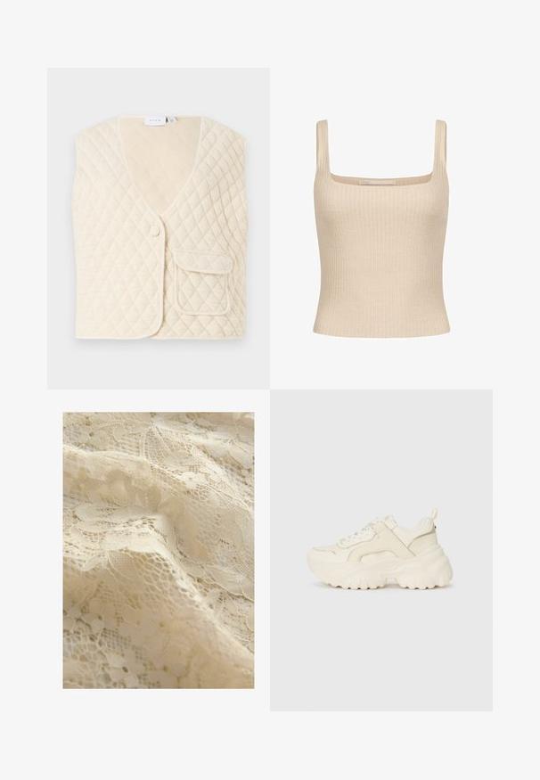 Viskozas bezsvars, balts, ar V-veida kakla izgriezumu, vienu pogu un kabatu priekšpusē. Mīksts audums ar dimanta rakstu.; Bežs ribots topiņš ar kvadrātveida kakla izgriezumu un plānām plecu siksnām, ar pieguļošu dizainu un maigu tekstūru. Redzama zīmola etikete.; Bēša mežģīņu audums ar ziedu motīviem, sarežģītām detaļām, dažādām tekstūrām un smalku caurspīdīgu izskatu.; Masīve sporta kedas off-white ādas ar teksturētu paneļu, biezs gumijas zole un aukliņu aizdare. Iespējama papildu cilpa pie papēža.