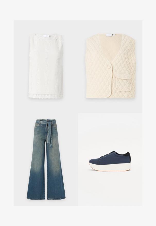 Quilted vest in off-white with a V-neck, a single button closure, and a pocket on the front. Soft fabric with a diamond pattern.; White sleeveless top with textured fabric, scalloped patterns, and eyelet accents. Rounded neckline and finished hem with decorative trim.; Wide-leg denim trousers featuring a light to dark blue gradient, high waist, belt loops, and a matching fabric belt. Textured denim finish.; Navy blue sneaker with a textured fabric upper, white platform sole, rounded toe, and black heel accent. Features six eyelets for laces.