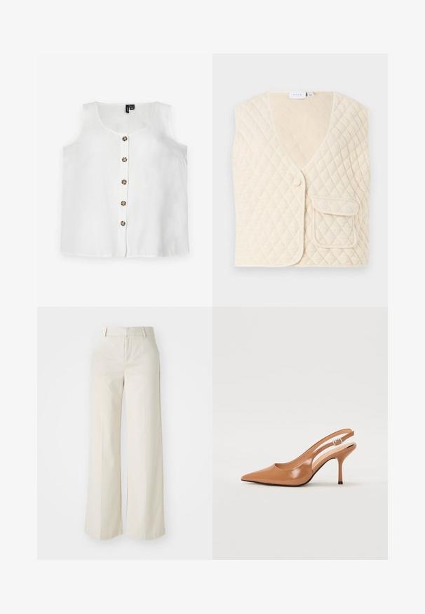 Quilted vest in off-white with a V-neck, a single button closure, and a pocket on the front. Soft fabric with a diamond pattern.; White sleeveless top made of lightweight fabric, featuring a round neckline and a front button closure with six round, brown buttons.; Wide-leg trousers in a light beige color, made of a smooth fabric. Features a classic waistband and flat front with clean lines.; Pointed toe slingback heel in a smooth, glossy tan material. Features a curved cutout design and a slender stiletto heel. Silver buckle detail.