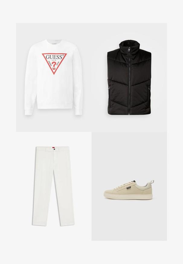 Melna izolēta veste ar augstu apkakli, priekšējo rāvējslēdzēju un sānu rāvējslēdzēja kabatām. Polsterēts dizains ar diagonālām šuvēm.; Balts kokvilnas džemperis ar lielu sarkanu trīsstūra logotipu, uz kura ir teksti "GUESS U.S.A." un "WASHED JEANS", kā arī centrāls jautājuma zīmes ikona.; Baltas bikses no kokvilnas maisījuma auduma ar taisnu kāju griezumu, priekšējām kabatām un vienu melnu pogu jostasvietā.; Bežīgas kedas ar gludu auduma augšpusi, apaļu purngalu, auklām sieta priekšpusi un logo birku sānos. Zole ir bieza un izstrādāta komfortam.