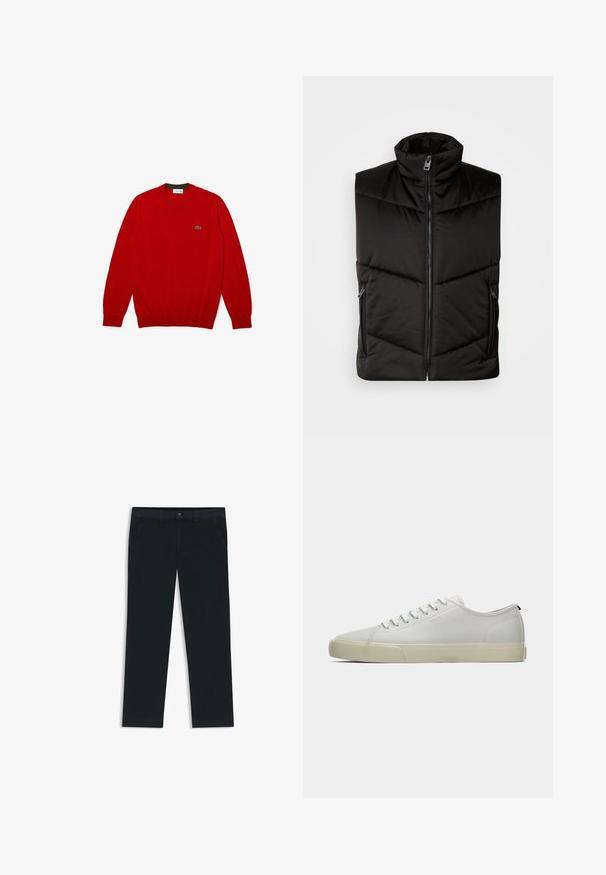 Zwarte geïsoleerde vest met een hoge kraag, een ritssluiting aan de voorkant en zijzakken met rits. Gevoerde ontwerp met diagonale stikdetails.; Rode gebreide trui met een geribbelde textuur, lange mouwen, een ronde hals en een klein groen logo op de borst. Rechte zoom aan de onderkant.; Donkerblauwe chino's gemaakt van een katoenmix stof. Voorzien van riemlussen, front pockets en een rits met knoopsluiting.; Lichtgrijze sneakers met canvas bovenwerk, ronde neus, rubberen zool en platte veters. Minimalistisch ontwerp met subtiele branding aan de zijkant.