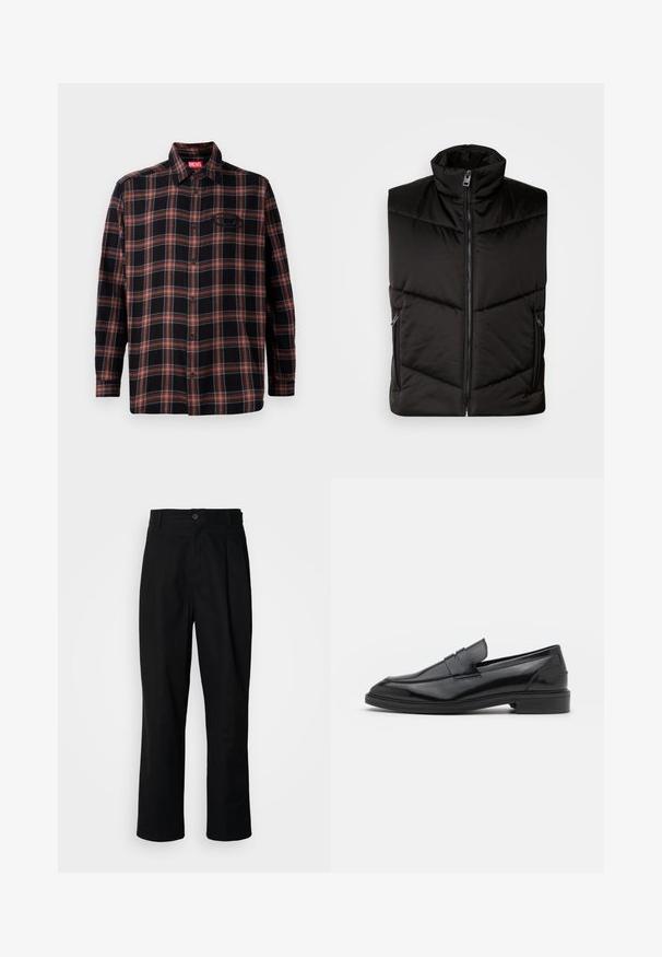 Crni izolirani prsluk s visokim ovratnikom, prednjim patentnim zatvaračem i bočnim džepovima na patent. Jastučić s dijagonalnim šavovima.; Crna i crvena karirana košulja s gumbima sprijeda, dugim rukavima i oznakom na ovratniku. Sadrži kontrastne šavove i zakrpu na prsima.; Crne hlače ravnog kroja s pojasom na dugmad, špicevima za remen i prednjim pregibom, prikazane na čisto bijeloj pozadini.; Crne kožne mokasine s glatkom površinom, s okruglim vrhom i uskim pojasom preko gornjeg dijela. Nizak slojeviti potplat.