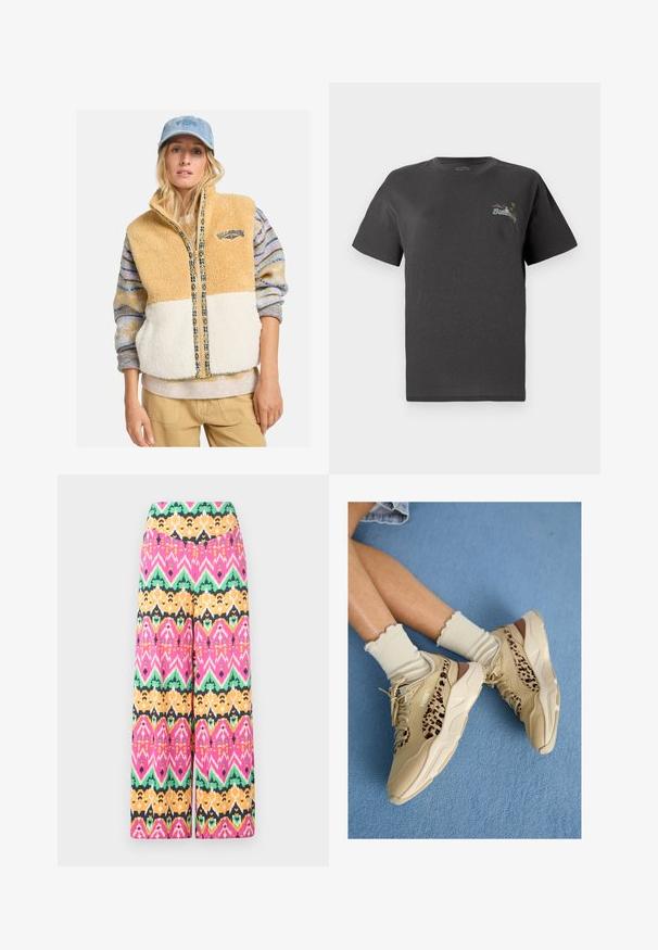 Fleece-Weste mit beigem Oberteil, cremefarbenem Unterteil und gemustertem Reißverschlussdetail. Tragen über mehrfarbigen, gestrickten Langarmshirts und kombiniert mit einer hellblauen Mütze.; Graues Baumwoll-T-Shirt mit kurzen Ärmeln. Verfügt über ein kleines, mehrfarbig gesticktes Design auf der Brust mit dem Text "Billing." Klassischer Schnitt.; Bunt gemusterte weite Hosen mit einem geometrischen Muster in Pink, Grün, Orange und Schwarz. Hergestellt aus leichtem Stoff mit einer glatten Oberfläche.; Gekreuzte Beine mit beigen Puma-Sneakern mit Leopardenmuster-Streifen und gerafften crèmefarbenen Socken auf einem blau carpetierten Boden.
