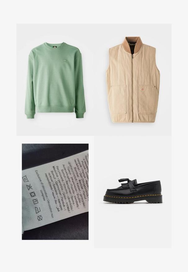 Μπεζ γιλέκο με φερμουάρ μπροστά, ψηλό κολάρο από καφετί fleece και δύο μεγάλες μπροστινές τσέπες. Διαθέτει καπιτονέ υφή και ένα μικρό λογότυπο.; Πράσινη μπλούζα crewneck φτιαγμένη από μαλακό ύφασμα, με ριμπ ύφανση στους καρπούς και το τελείωμα, και μια μικρή ετικέτα λογότυπου μπροστά. Λείο υλικό.; Ετικέτα με κείμενο σε πολλές γλώσσες, σύμβολα φροντίδας και εικονίδια ανακύκλωσης, τυπωμένα σε απαλό υλικό που μοιάζει με ύφασμα σε ανοιχτό χρώμα.; Μαύρο δερμάτινο loafer με τασέλ καφέ, με χοντρή μαύρη σόλα και κίτρινη ραφή στην άκρη. Υφή με υλικό texture.