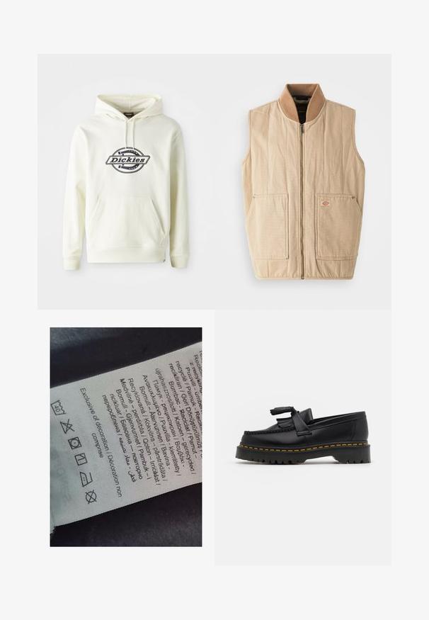 Gilet beige avec fermeture éclair sur le devant, col haut en polaire marron et deux grandes poches avant. Présente une texture matelassée et un petit patch logo.; Sweat à capuche crème en tissu doux avec une poche avant. Présente un logo noir sur un design circulaire. Poignets et ourlet côtelés.; Étiquette avec texte multilingue, symboles d'entretien et icônes de recyclage, imprimée sur un matériau doux semblable à du tissu dans une couleur claire.; Mocassin en cuir noir avec un accent à frange, doté d'une semelle épaisse noire et d'une couture jaune le long du bord. Fini texturé.