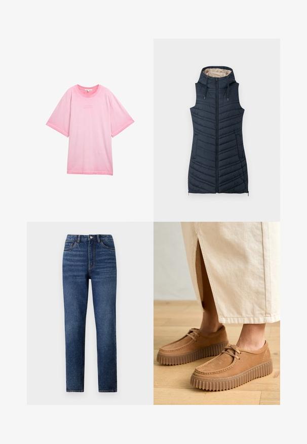 Námořnická prošívaná vesta s kapucí, zipem vpředu a dvěma bočními kapsami. Obsahuje vertikální švy a světlou béžovou podšívku.; TOM TAILOR DENIM V NECK - Svetr - deep black; Růžové oversized tričko vyrobené z měkké bavlny. Má kulatý výstřih a krátké rukávy s nápisem "DOBRÉ VĚCI ROSTOU" vytištěným na přední straně.; Vysoké modré džíny s rovnými nohavicemi, s jemným ošoupáním, zapínáním na jeden knoflík a designem s pěti kapsami.; Tyrkysové kožené boty s texturovaným povrchem, kulatou špičkou a silnými, drsnými podrážkami. Šňůrky a detaily šití umocňují design.