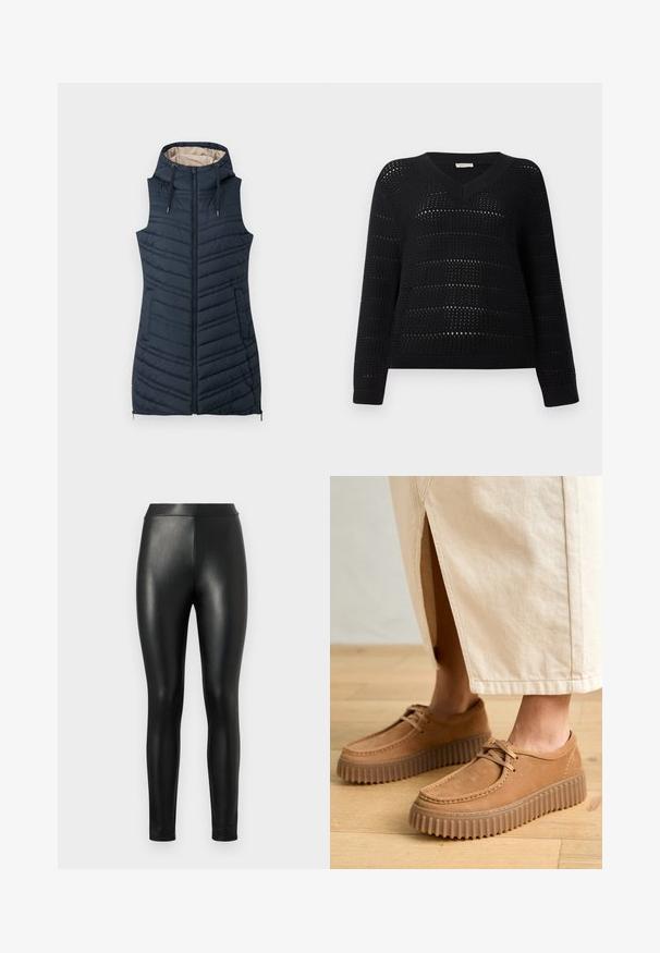 Tumes sinine tepitud vest kapuutsiga, lukuga ees ja kahel külgtaskul. Omab vertikaalset õmblust ja heledat beeži voodrit.; TOM TAILOR DENIM V NECK - Džemper - deep black; Must mustang numbriini pitsid, millel on sile tekstuur, kõrge vöökoht ja tihe istuvus, mis on loodud sirgele siluetile.; Kohvitan värvi nahast kingad, millel on tekstureeritud pind, ümar varvas ja paksud, soonilised tallad. Kinnised ja õmbluste detailid täiustavad disaini.