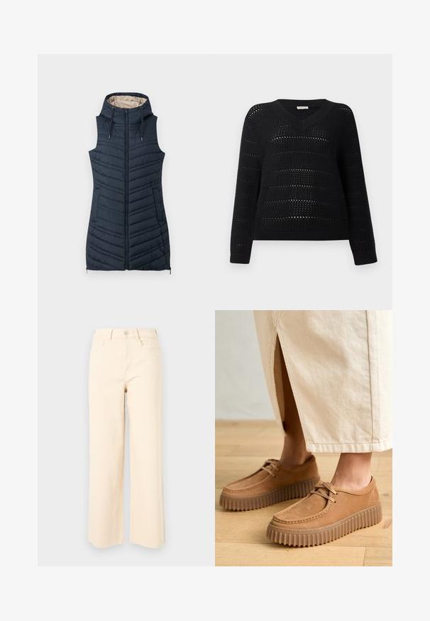 Navy quilted vest with a hood, zippered front, and two side pockets. Features vertical stitching and a light beige interior lining.; TOM TAILOR DENIM V NECK - Jumper - deep black; Beige wide-leg jeans made of cotton, featuring a high waist, a button closure, and two front pockets with a smooth, textured finish.; Tan leather shoes with a textured surface, round toe, and thick, ridged soles. Laces and stitching detail enhance the design.