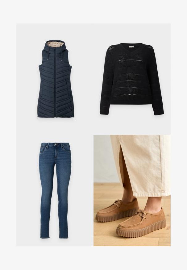 Marine blå quiltet vest med hette, glidelås foran og to sidelommer. Har vertikal søm og en lys beige innvendig fôr.; TOM TAILOR DENIM V NECK - Strikkegenser - deep black; Tynne blå jeans laget av denim med midjehøyde, fem lommer og en falmet vask, med vanlig søm og glidelås i front.; Brune lærstøvler med en struktureret overflade, rund tå og tykke, rillet såler. Snørebånd og syninger fremhæver designet.
