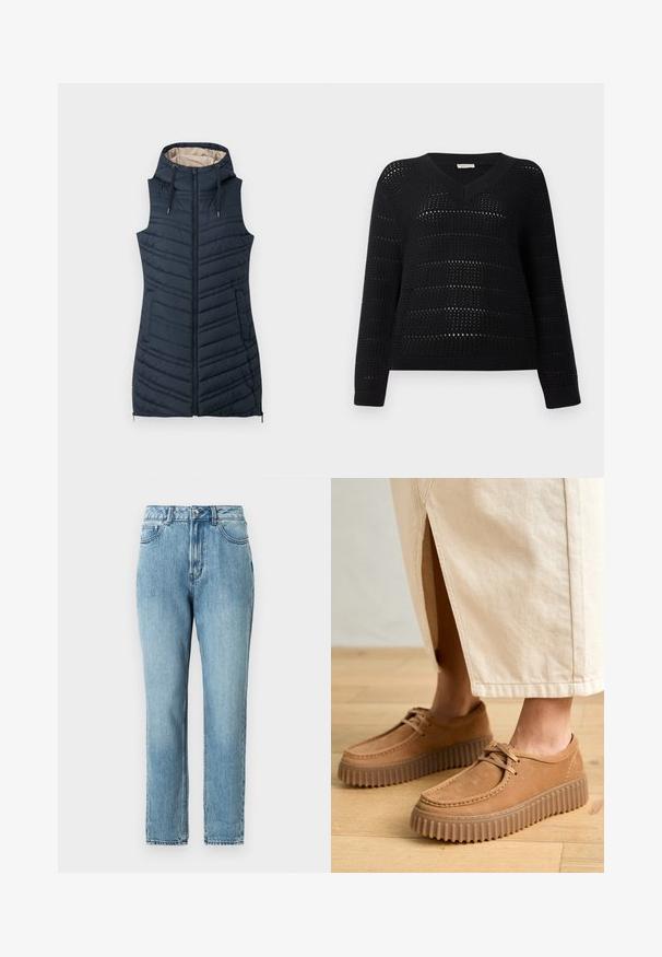 Temno moder puhovni brezrokavnik s kapuco, z zadrgo spredaj in dvema stranskima žepoma. Ima vertikalne šive in svetlo bež notranje obloge.; TOM TAILOR DENIM V NECK - Pulover - deep black; TOM TAILOR DENIM Nosečniške kavbojke - clean mid stone blue denim; Tanjasti usnjeni čevlji z teksturirano površino, okroglim prstom in debelimi, žlebljenimi podplati. Šnure in detajli šivanja dodatno poudarjajo obliko.