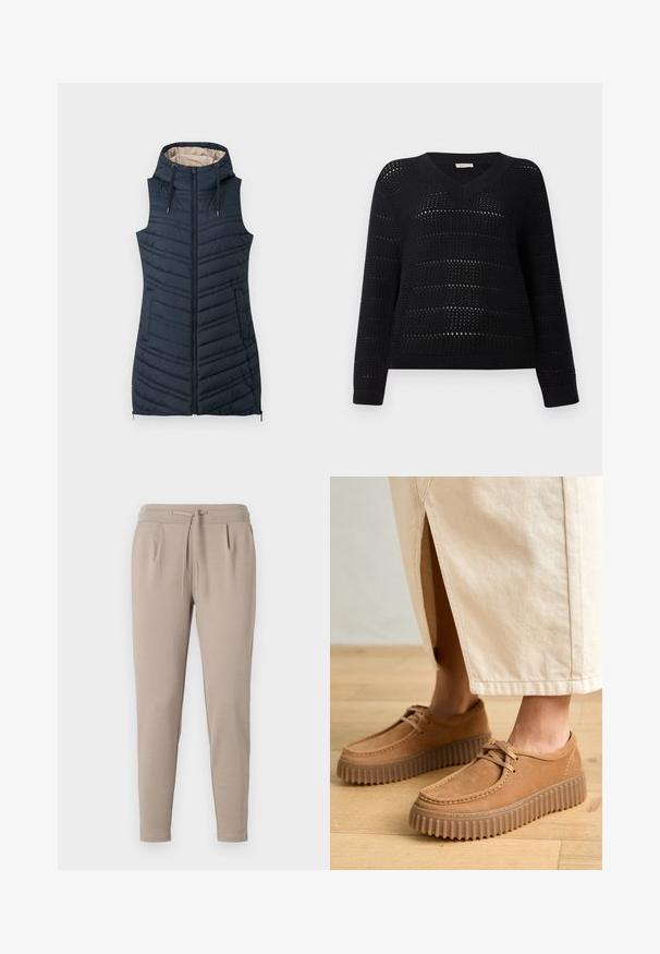 Jūras spēku zils, quiltēts veste ar kapuci, ar rāvējslēdzēja priekšpusi un divām sānu kabatām. Iezīmē vertikālu šuvju un gaiši bežīgu iekšējo oderi.; TOM TAILOR DENIM V NECK - Džemperis - deep black; Gaiši brūni sporta bikses, kas izgatavotas no mīksta auduma, ar elastīgu jostu un auklu, kā arī sānu kabatām. Šauras kāju formas dizains.; Brūni ādas apavi ar teksturētu virsmu, apaļu purngalu un bieziem, rievotiem zoliem. Šnīres un šuvju detaļas papildina dizainu.