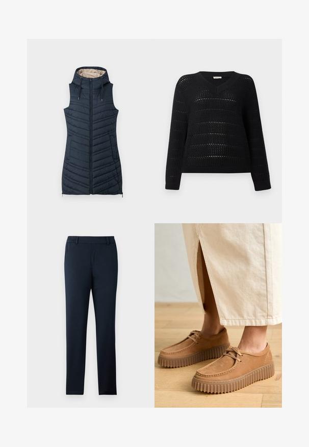 Colete acolchoado azul marinho com capuz, fecho éclair na frente e dois bolsos laterais. Apresenta costura vertical e um forro interior bege claro.; TOM TAILOR DENIM V NECK - Camisola - deep black; Calças azul marinho feitas de um tecido suave e elástico. Apresentam uma frente lisa, passantes para cinto e um design de perna slim e afunilada.; Sapatos de couro em tom de tan com uma superfície texturizada, bico redondo e solas grossas e rugosas. Os atacadores e os detalhes de costura realçam o design.