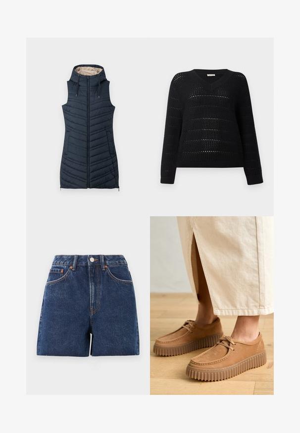 Mornarska tkanina s kapuljačom, s patentnim zatvaračem sprijeda i dva bočna džepa. Ima vertikalne šavove i svijetlu bež podstavu.; TOM TAILOR DENIM V NECK - Vesta - deep black; Traper šorts u tamnoplavoj boji s visokim pojasom, pet džepova, mjedenim detaljima i kontrastnim šavovima. Neuredan rub dodaje teksturu.; Smeđe kožne cipele s teksturiranom površinom, okruglim prstima i debelim, rebrastim potplatima. Šnure i detalji šivanja obogaćuju dizajn.