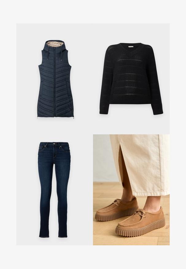 Jūras spēku zils, quiltēts veste ar kapuci, ar rāvējslēdzēja priekšpusi un divām sānu kabatām. Iezīmē vertikālu šuvju un gaiši bežīgu iekšējo oderi.; TOM TAILOR DENIM V NECK - Džemperis - deep black; TOM TAILOR DENIM TTJONA Skinny - Ļoti pieguloši džinsi - used dark stone blue denim; Brūni ādas apavi ar teksturētu virsmu, apaļu purngalu un bieziem, rievotiem zoliem. Šnīres un šuvju detaļas papildina dizainu.