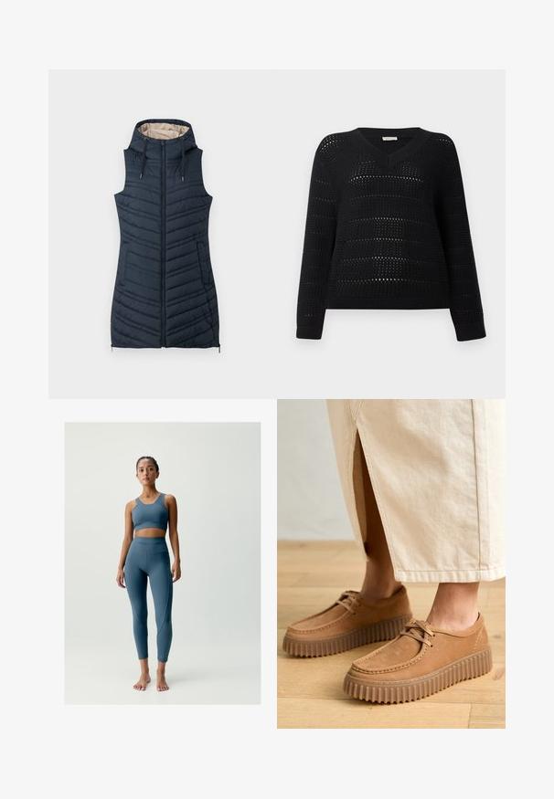 Granatowa pikowana kamizelka z kapturem, zamkiem błyskawicznym z przodu oraz dwoma kieszeniami po bokach. Charakteryzuje się pionowymi szwami i jasnobeżową podszewką.; TOM TAILOR DENIM - Sweter; Sukienka sportowa w kolorze niebiesko-zielonym z pojedynczym ramiączkiem, w połączeniu z pasującymi legginsami o wysokim stanie, które mają kątowe detale szwów i elegancką fakturę.; Tanie skórzane buty o teksturowanej powierzchni, okrągłym nosku i grubej, żłobionej podeszwie. Sznurowadła i detale szycia podkreślają design.