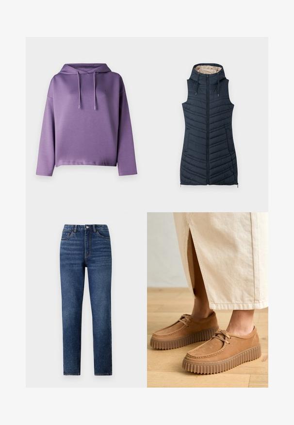 Vesta din material matlasat de culoare bleumarin, cu glugă, fermoar frontal și două buzunare laterale. Prezintă cusături verticale și un interior căptușit de culoare bej deschis.; Sweatshirt cu glugă de culoare mov, cu mâneci lungi, tiv cu nervuri și șnururi. Textură netedă și detaliu cu logo pe piept. Croială lejeră.; Blugi din denim albastru cu talie înaltă, cu picior drept, având detalii fine de decolorare, închidere cu un singur nasture și design cu cinci buzunare.; Pantofi de culoare caramel din piele cu o suprafață texturată, vârf rotund și tălpi groase, cu striații. Sireturile și detaliile de cusătură completează designul.