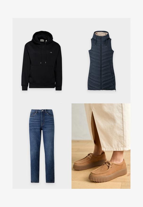 Marine blå quiltet vest med hette, glidelås foran og to sidelommer. Har vertikal søm og en lys beige innvendig fôr.; Svart hettegenser med frontlomme, snorer og mykt stoff. Har en liten brodert logo på brystet og ribbestrikkede mansjetter.; Høyt liv blå denim jeans med rett ben, med subtil slitasje, knappelukking med én knapp og fem-lomme-design.; Brune lærstøvler med en struktureret overflade, rund tå og tykke, rillet såler. Snørebånd og syninger fremhæver designet.