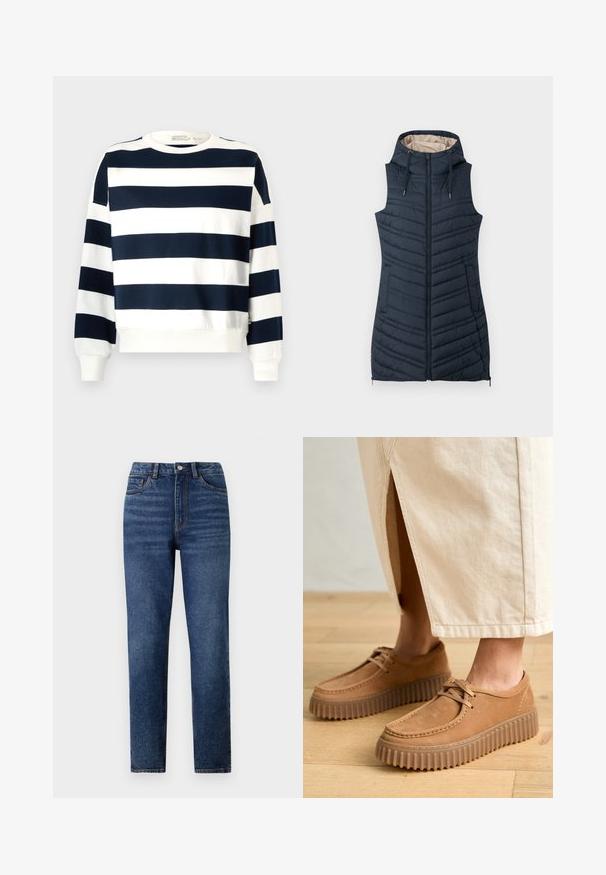 Marine gewatteerde vest met een capuchon, ritssluiting aan de voorkant en twee zijzakken. Bevat verticale stiksels en een lichtbeige binnenvoering.; Marineblauw en witte gestreepte sweatshirt met een ronde hals, lange mouwen en geribde manchetten. Zachte stof met een ontspannen pasvorm.; Hoge taille blauwe denim jeans met rechte pijpen, voorzien van subtiele wassing, sluiting met één knoop en een vijf-pocket ontwerp.; Tanleren schoenen met een gestructureerd oppervlak, ronde neus en dikke, geribbelde zolen. Veters en stiksels accentueren het ontwerp.