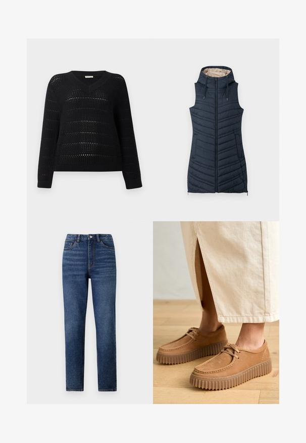 Tumes sinine tepitud vest kapuutsiga, lukuga ees ja kahel külgtaskul. Omab vertikaalset õmblust ja heledat beeži voodrit.; TOM TAILOR DENIM V NECK - Džemper - deep black; Kõrgelt taljes sinised denim püksid sirge säärega, millel on õrn kulumus, ühe nupuga sulgur ja viie tasku disain.; Kohvitan värvi nahast kingad, millel on tekstureeritud pind, ümar varvas ja paksud, soonilised tallad. Kinnised ja õmbluste detailid täiustavad disaini.