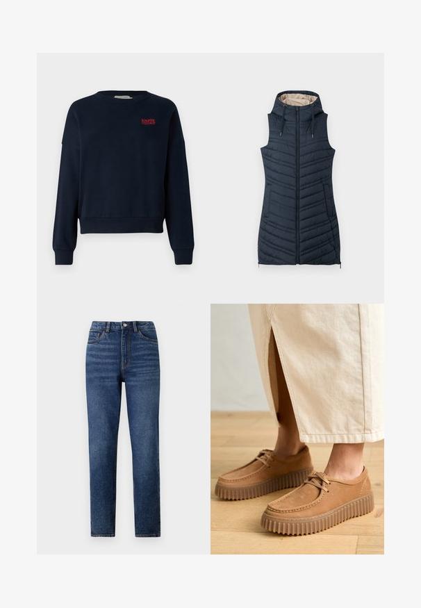 Sötétkék steppelt mellény kapucnival, cipzáros elülső résszel és két oldalsó zsebbel. Függőleges varrásokkal és világos bézs bélésrésszel rendelkezik.; Tengerészkék pulóver, laza szabással, kerek nyakkivágással és bordázott mandzsettákkal. Az elején piros hímzett felirat olvasható: "Élvezd a mai napot".; Magas derékú kék farmernadrág egyenes szárakkal, finom gyűrődésekkel, egygombos záródással és öt zsebes kialakítással.; Barna bőr cipők texturált felülettel, kerek orral és vastag, bordázott talppal. A fűzők és varrások részletei fokozzák a dizájnt.