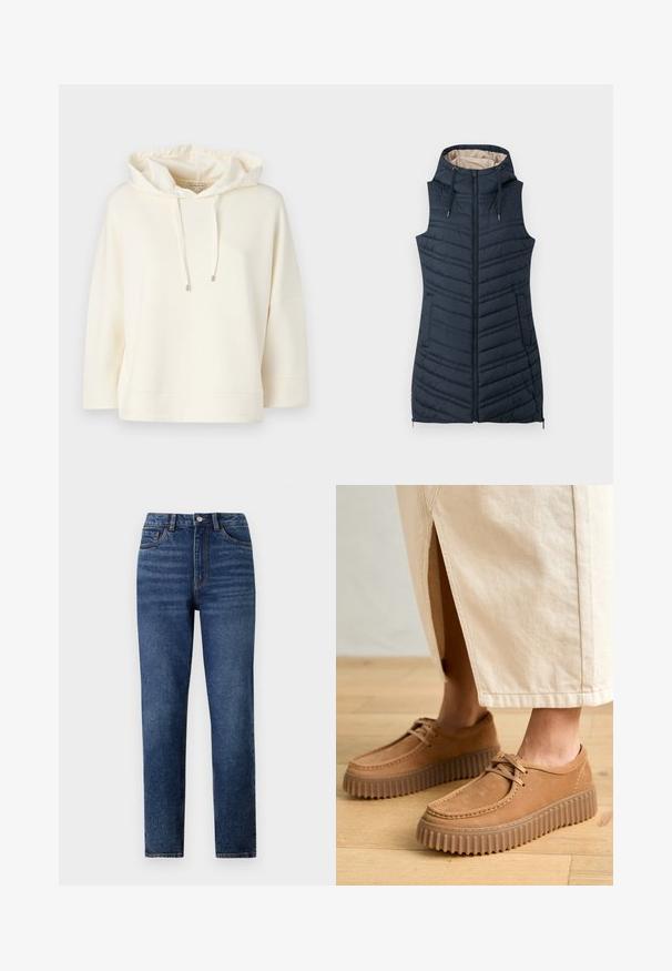 Gilet matelassé marine avec capuche, fermeture éclair à l'avant et deux poches latérales. Il présente des coutures verticales et une doublure intérieure beige clair.; Sweatshirt à capuche crème avec une coupe ample et des manches larges. Comprend un cordon de serrage dans la capuche et une texture douce et lisse.; Jeans en denim bleu taille haute avec une coupe droite, présentant un léger délavage, une fermeture à un bouton et un design à cinq poches.; Chaussures en cuir tan avec une surface texturée, bout rond et semelles épaisses à cannelures. Les lacets et les détails de couture rehaussent le design.