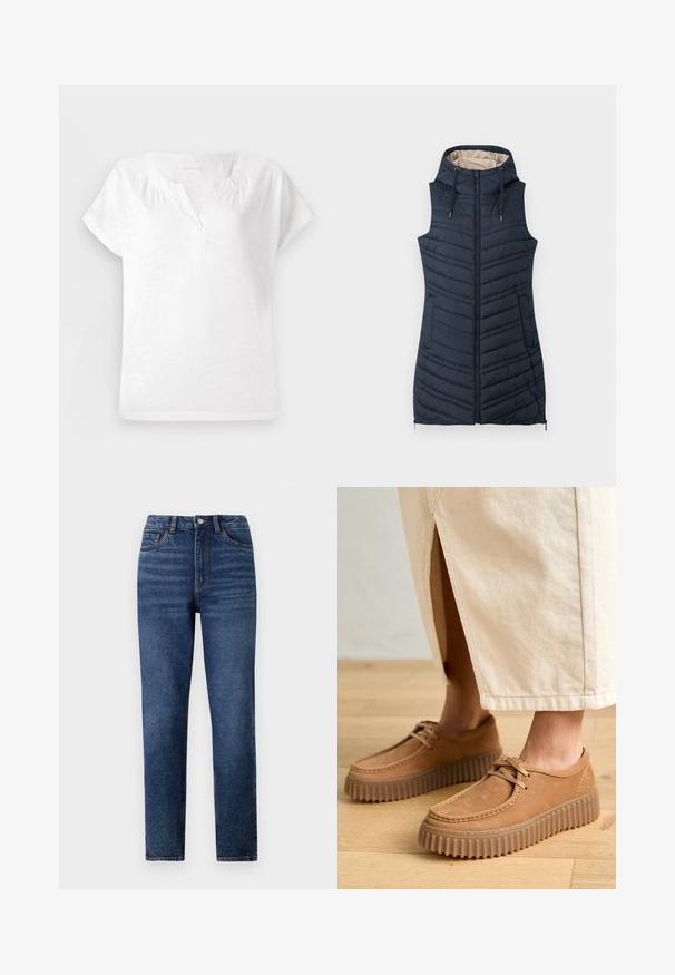 Chaleco acolchado navy con capucha, cierre frontal y dos bolsillos laterales. Presenta costuras verticales y un forro interior de color beige claro.; Top blanco de manga corta con escote en V, textura suave y ligero fruncido en los hombros, presenta un corte relajado y dobladillo recto.; Jeans de mezclilla azul de cintura alta con pierna recta, que cuentan con un ligero desgaste, cierre de un botón y diseño de cinco bolsillos.; Zapatos de cuero marrón claro con una superficie texturada, puntera redonda y suelas gruesas y estriadas. Los cordones y los detalles de costura realzan el diseño.