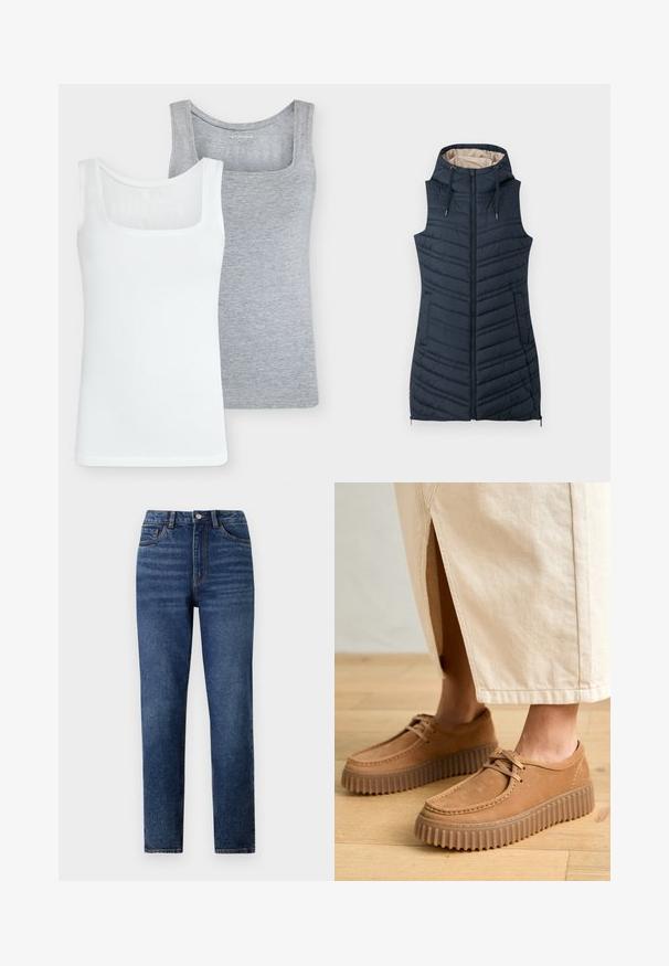 Navy quilted vest with a hood, zippered front, and two side pockets. Features vertical stitching and a light beige interior lining.; Two tank tops: one white, one light gray. Both feature square necklines, sleeveless design, and soft cotton material with a fitted shape.; High-waisted blue denim jeans with a straight leg, featuring subtle whiskering, single-button closure, and five-pocket design.; Tan leather shoes with a textured surface, round toe, and thick, ridged soles. Laces and stitching detail enhance the design.