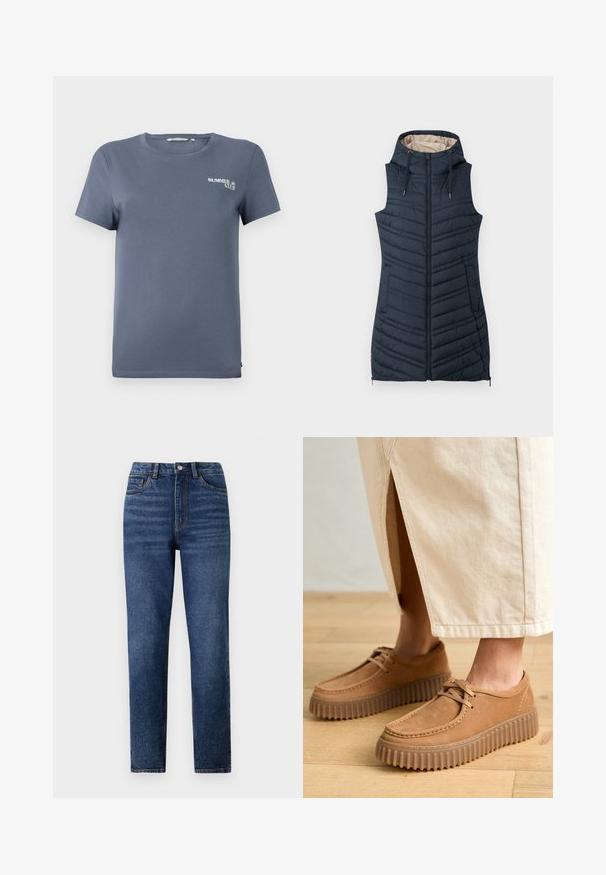 Chaleco acolchado navy con capucha, cierre frontal y dos bolsillos laterales. Presenta costuras verticales y un forro interior de color beige claro.; Camiseta de algodón azul con mangas cortas, cuello redondo y un pequeño gráfico de "SUMMER CLUB" en el lado izquierdo. Textura suave, corte regular.; Jeans de mezclilla azul de cintura alta con pierna recta, que cuentan con un ligero desgaste, cierre de un botón y diseño de cinco bolsillos.; Zapatos de cuero marrón claro con una superficie texturada, puntera redonda y suelas gruesas y estriadas. Los cordones y los detalles de costura realzan el diseño.