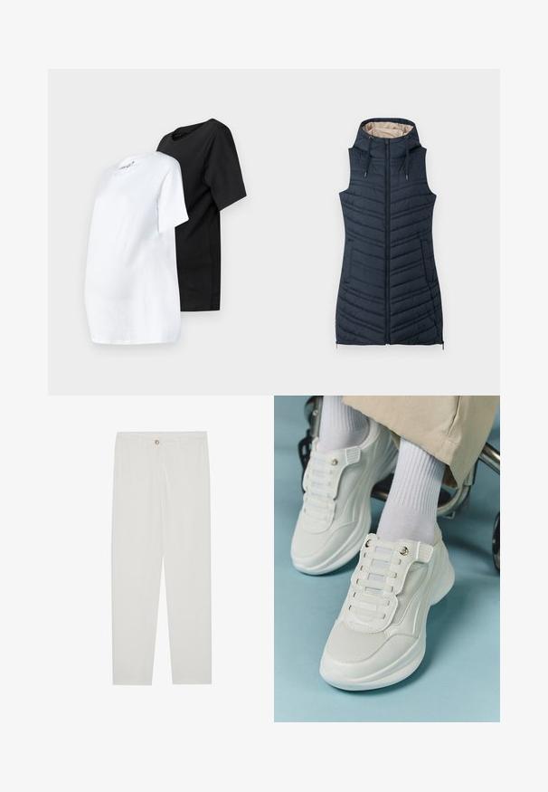 Marineblå quilted vest med hætte, lynlås foran og to sidelommer. Har lodret syning og en lys beige indvendig foring.; To korte ærmeløse graviditetstrøjer: en hvid og en sort. Begge er lavet af bomuld med rund hals og løs pasform.; Hvide, skrædderlavede bukser med lige ben design, udstyret med knaplukning, bæltesløjfer og sidelommer; glat stoftekstur.; Hvide sneakers med mesh-materiale, gummisål, snørebåndsfri design med elastiske bånd og guldtonede accenter.