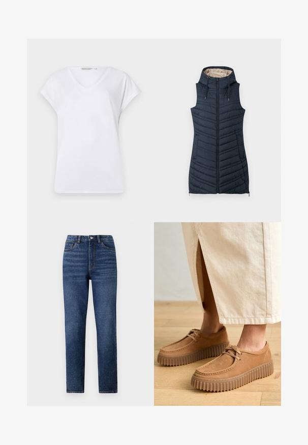 Gilet imbottito blu navy con cappuccio, chiusura a zip e due tasche laterali. Presenta cuciture verticali e un rivestimento interno di un beige chiaro.; T-shirt bianco con scollatura a V, maniche corte arrotolate, realizzato in tessuto morbido. Presenta una vestibilità comoda e un design semplice senza fantasie o dettagli.; Jeans in denim blu a vita alta con gamba dritta, caratterizzati da un leggero effetto consumato, chiusura con un bottone singolo e design a cinque tasche.; Scarpe in pelle color cuoio con superficie texture, punta rotonda e suole spesse e scanalate. I lacci e i dettagli della cucitura arricchiscono il design.