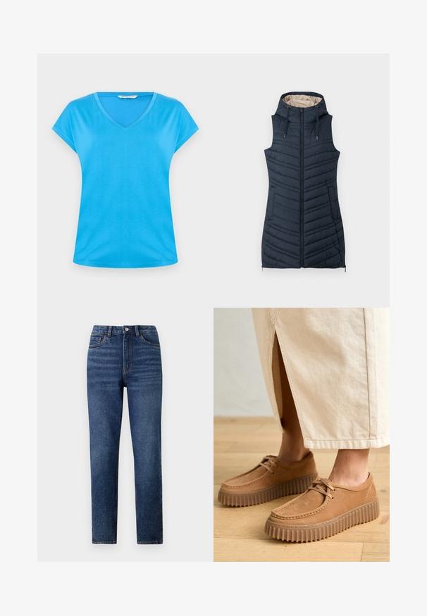 Námořnická prošívaná vesta s kapucí, zipem vpředu a dvěma bočními kapsami. Obsahuje vertikální švy a světlou béžovou podšívku.; Modré bavlněné tričko s V-výstřihem a krátkým rukávem, hladká textura a ležérní design. Jednoduché, jednobarevné bez vzorů nebo ozdob.; Vysoké modré džíny s rovnými nohavicemi, s jemným ošoupáním, zapínáním na jeden knoflík a designem s pěti kapsami.; Tyrkysové kožené boty s texturovaným povrchem, kulatou špičkou a silnými, drsnými podrážkami. Šňůrky a detaily šití umocňují design.