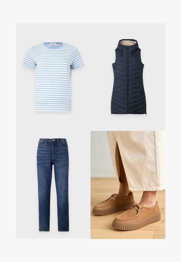 Marineblå quilted vest med hætte, lynlås foran og to sidelommer. Har lodret syning og en lys beige indvendig foring.; Kortærmet t-shirt i lyseblå og hvide striber, lavet af bomuld. Har rund halsudskæring og lige kant med en blød tekstur.; Højtaljede blå denimjeans med lige ben, der har subtil slidmærkning, enkelt knaplukning og fem-lomme design.; Brune lædersko med en tekstureret overflade, rund tå og tykke, ribbede såler. Snøre og syningsdetaljer forbedrer designet.