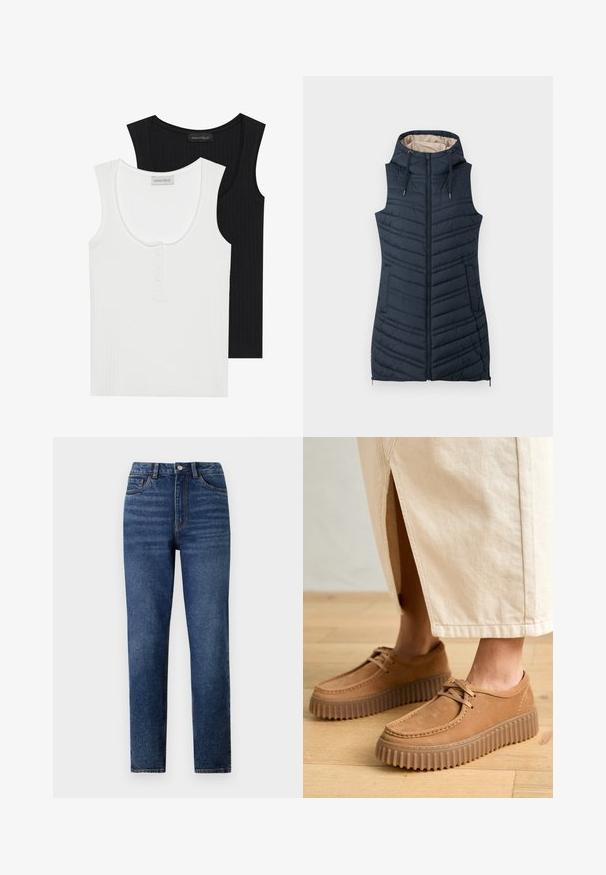 Námornícky prešívaný vestový kabát s kapucňou, so zipsom vpredu a dvoma bočnými vreckami. Má vertikálne švy a svetlo béžové vnútorné podšívku.; Dvoje rebrovaných tielok v čiernej a bielej farbe. Biely top má okrúhly výstrih a trojbodové zapínanie; obidva majú široké ramienka.; Džínsy s vysokým pásom, modré, s rovnými nohavicami, ktoré majú jemné oprania, jednoprevodový zapínací gombík a dizajn s piatimi vreckami.; Svetlé kožené topánky s textúrovaným povrchom, okrúhlou špičkou a hrubými, zúbkovanými podrážkami. Šnúrky a detaily šitia zvýrazňujú dizajn.