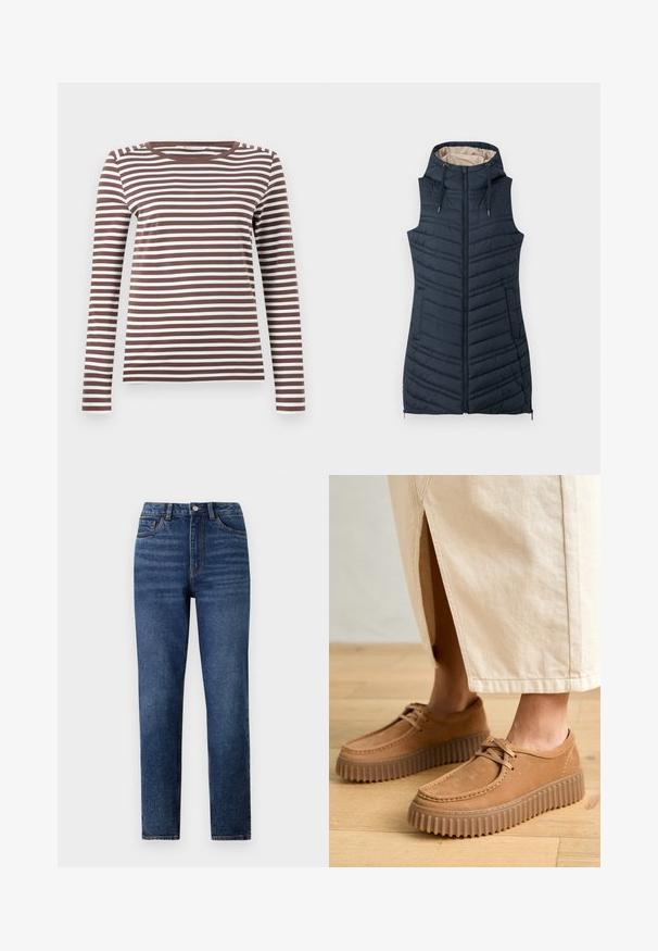 Colete acolchoado azul marinho com capuz, fecho éclair na frente e dois bolsos laterais. Apresenta costura vertical e um forro interior bege claro.; Camisola de manga longa às riscas castanhas e brancas com um decote redondo e uma silhueta ajustada. Tecido suave com uma textura lisa.; Jeans de denim azul de cintura alta com perna reta, apresentando um leve efeito desgastado, fecho de botão único e design de cinco bolsos.; Sapatos de couro em tom de tan com uma superfície texturizada, bico redondo e solas grossas e rugosas. Os atacadores e os detalhes de costura realçam o design.