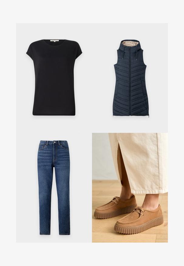 Marine gewatteerde vest met een capuchon, ritssluiting aan de voorkant en twee zijzakken. Bevat verticale stiksels en een lichtbeige binnenvoering.; Zwart T-shirt met korte mouwen van zachte stof, met een ronde halslijn en een ontspannen pasvorm. Kenmerkt zich door opgerolde mouwuiteinden en een gladde, gelijkmatige textuur.; Hoge taille blauwe denim jeans met rechte pijpen, voorzien van subtiele wassing, sluiting met één knoop en een vijf-pocket ontwerp.; Tanleren schoenen met een gestructureerd oppervlak, ronde neus en dikke, geribbelde zolen. Veters en stiksels accentueren het ontwerp.