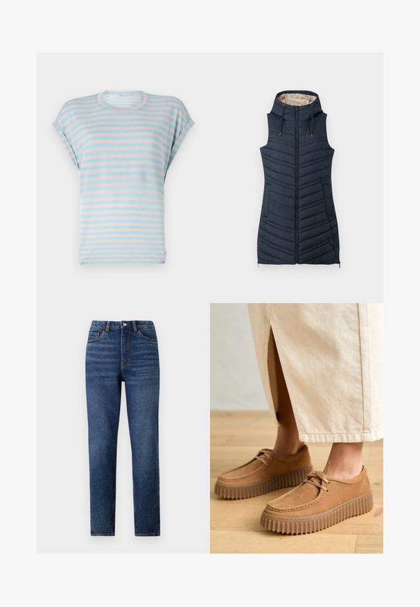 Marineblå quilted vest med hætte, lynlås foran og to sidelommer. Har lodret syning og en lys beige indvendig foring.; Stribet t-shirt med kort ærme i lys blå og pastel pink, med en afslappet pasform og blødt stof, rund halsudskæring og opsmøgede ærmer.; Højtaljede blå denimjeans med lige ben, der har subtil slidmærkning, enkelt knaplukning og fem-lomme design.; Brune lædersko med en tekstureret overflade, rund tå og tykke, ribbede såler. Snøre og syningsdetaljer forbedrer designet.