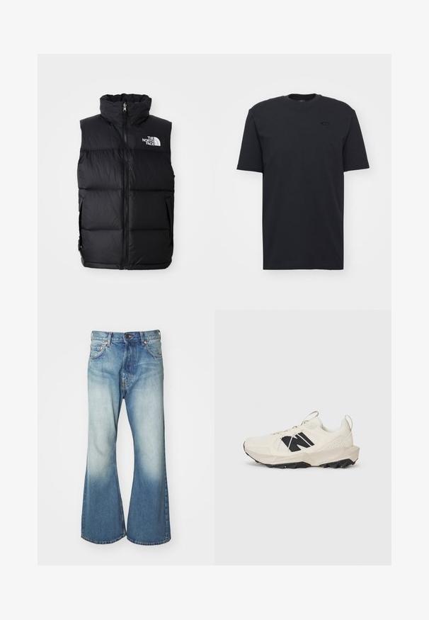 Black puffer vest with high collar, front zipper, and The North Face logo. Features a quilted texture and side pockets.; Black cotton short-sleeve t-shirt with crew neckline, featuring a subtle logo accent on the chest and a relaxed fit.; Weekday TIME LOOSE - Straight leg jeans - blue; Light beige sneaker featuring a mesh upper, black logo, and textured sole. Accented with a geometric pattern on the midsole.