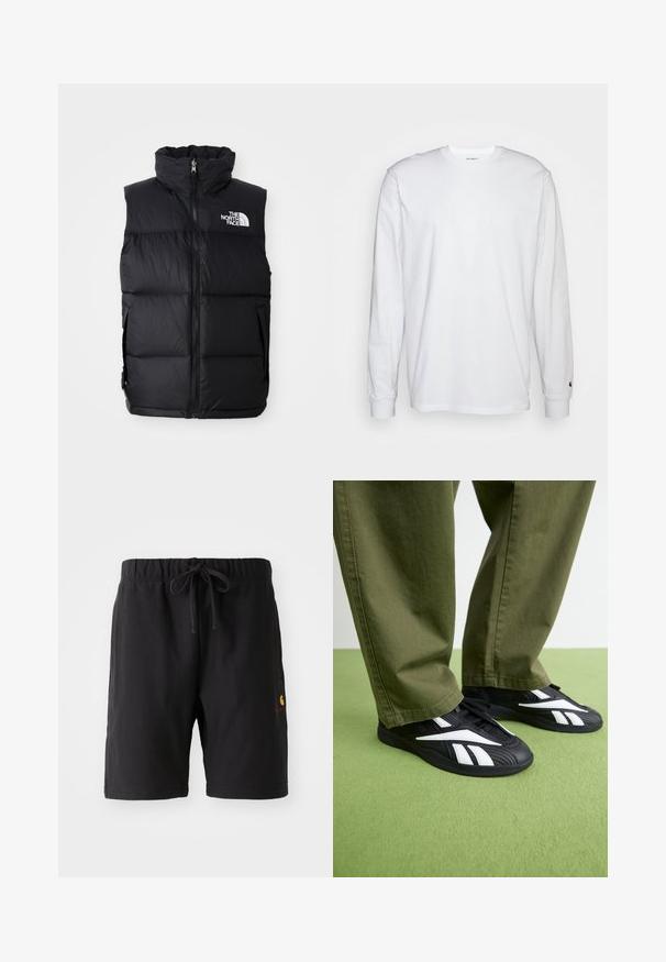 Black puffer vest with high collar, front zipper, and The North Face logo. Features a quilted texture and side pockets.; White long-sleeved T-shirt made of cotton. Crew neck design with ribbed cuffs and a small logo on the left sleeve. Smooth texture.; Black shorts with an elastic waistband and drawstring. Features a side pocket and a small logo in red and yellow on the lower left side.; Black athletic shoes with white accents, featuring a textured upper and a rounded toe, paired with olive green trousers.