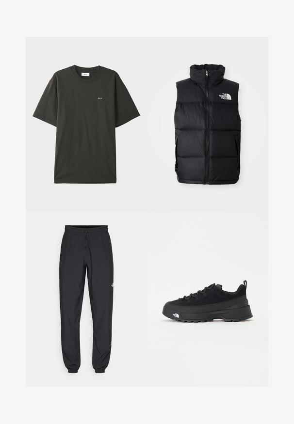Czarna puchowa kamizelka z wysokim kołnierzem, przednim zamkiem i logo The North Face. Charakteryzuje się pikowaną strukturą oraz bocznymi kieszeniami.; NN.07 - T-shirt basic; Czarne spodenki sportowe wykonane z lekkiego materiału, z elastycznym pasem na sznurek, bocznymi kieszeniami i zwężanymi mankietami przy kostkach.; Czarne sneakersy outdoorowe z zamszowym wierzchem, teksturowaną gumową podeszwą i solidnym systemem sznurowania. Posiadają wzmocnioną piętę oraz logo marki na boku.