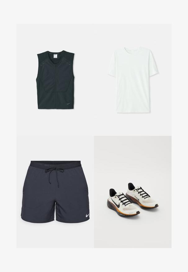 Gilet atletico nero senza maniche con zip frontale, spalle testurizzate e dettagli riflettenti, realizzato in tessuto leggero e traspirante.; T-shirt corto a maniche corte di un leggero verde menta, realizzato in tessuto morbido. Presenta un colletto a girocollo e una silhouette semplice e dritta senza decorazioni.; Shorts da running Nike, grigio scuro, vita elastica con cordino, tasche laterali, tessuto leggero, con il logo Nike bianco sull'orlo inferiore.; Scarpe da corsa Nike con tomaia in mesh bianco, lacci neri, suola arancione e nera con dettagli maculati e design traspirante.