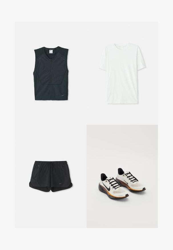 Fekete ujjatlan sportmellény elülső cipzárral, textúrált válltömésekkel és fényvisszaverő részletekkel, könnyű, lélegző anyagból készült.; Világos menta zöld, rövidujjú póló, puha anyagból készült. Kerek nyakkivágással és egyszerű, egyenes szabással rendelkezik, díszítések nélkül.; Fekete sportnadrág elasztikus derékrésszel és zsinórral. Két oldalsó zsebbel és a bal elülső részen Nike logóval rendelkezik.; Nike futócipők, fehér hálós felsőrésszel, fekete fűzőkkel, narancs és fekete talppal, amely foltos részletezéssel rendelkezik, és lélegző kialakítással.