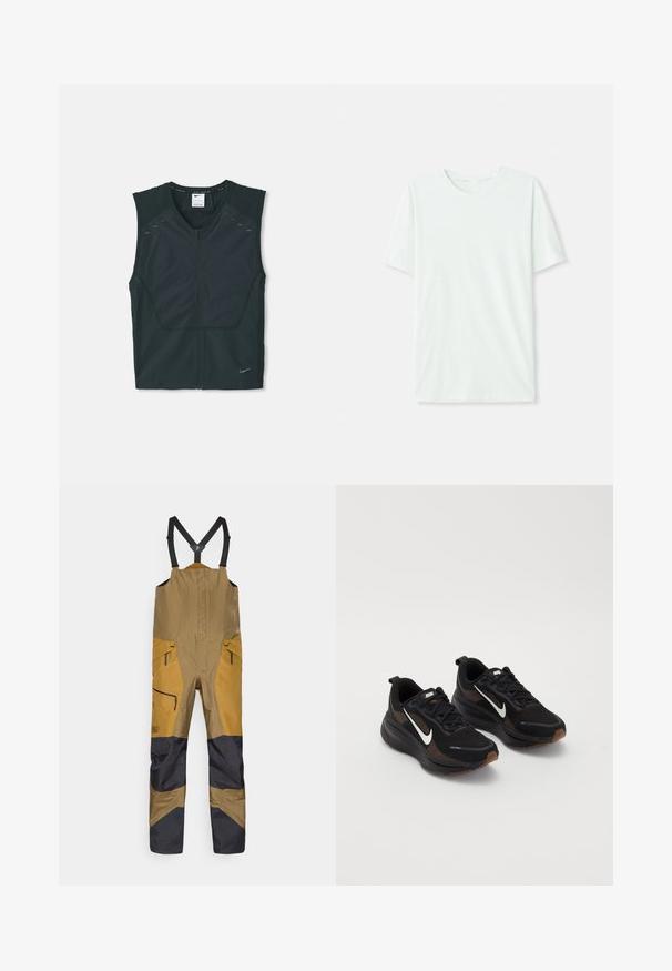 Czarna, bezrękawnikowa kamizelka sportowa z zamkiem z przodu, teksturowanymi ramionami i odblaskowymi detalami, wykonana z lekkiego, oddychającego materiału.; Jasno miętowa koszulka z krótkim rękawem, wykonana z miękkiego materiału. Posiada okrągły dekolt oraz prosty krój bez zdobień.; Brązowe i czarne ogrodniczki z regulowanymi czarnymi ramiączkami i zamykanymi kieszeniami, zaprojektowane do użytku na świeżym powietrzu lub w pracy.; Czarne buty sportowe z oddychającą siateczką, biały znak Nike, teksturowana podeszwa oraz kontrastujące brązowe akcenty. Zawierają wzmocniony obcas.
