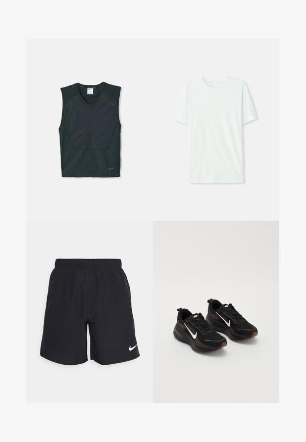 Musta hihaton urheiluvaste, jossa on etuvetoketju, teksturoidut hartiat ja heijastavat yksityiskohdat, valmistettu kevyestä ja hengittävästä kankaasta.; Vihreä mintun värinen lyhythihainen t-paita, joka on valmistettu pehmeästä kankaasta. Siinä on pyöreä kaula-aukko ja yksinkertainen, suora leikkaus ilman koristeita.; Mustat urheilushortsit, jotka on valmistettu kevyistä materiaaleista, joustavalla vyötärönauhalla ja valkoisella Nike-logolla vasemmassa alareunassa.; Mustat urheilukengät, joissa on hengittävä verkkomateriaali, valkoinen Nike-logoelementti, teksturoitu pohja ja erottuvat ruskeat yksityiskohdat. Sisältää vahvistetun kantapään.