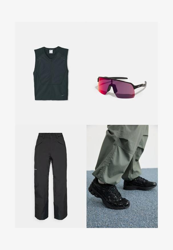 Chaleco atlético negro sin mangas con cremallera frontal, con hombros texturizados y detalles reflectantes, fabricado en un tejido ligero y transpirable.; Camisa deportiva de manga larga negra con cremallera de cuarto y logo de Nike en blanco en el lado izquierdo del pecho, presentada sobre un fondo liso.; Pantalones impermeables negros con corte recto, que cuentan con bolsillos con cremallera, acentos de dobladillo reforzado y un acabado de textura suave.; Zapatillas deportivas negras con texturas brillantes y de malla, que presentan una suela gruesa y cordones, combinadas con pantalones cargo holgados de color verde oliva.; Gafas de sol deportivas negras con lentes de degradado de rosa a púrpura y un diseño geométrico elegante. Cuenta con una pieza para la nariz ajustable y un acento de logo en el brazo.