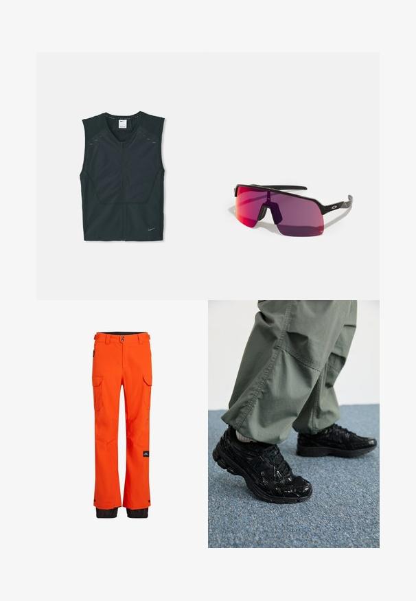 Černá sportovní bezrukávová vesta s předním zipem, texturovanými rameny a reflexními akcenty, vyrobená z lehké, prodyšné tkaniny.; Černé dlouhé rukávy sportovní tričko s čtvrtovými zipem a bílým logem Nike swoosh na levém prsu, zobrazené na jednobarevném pozadí.; Oranžové lyžařské kalhoty z vodoodpudivého materiálu, s několika cargo kapsami a černými akcenty na spodní straně pro zvýšení trvanlivosti.; Černé sportovní tenisky s lesklou a síťovou texturou, s silnou podrážkou a tkaničkami, spárované s volnými olivově zelenými cargo kalhotami.; Černé sportovní sluneční brýle s růžovo-fialovými gradientními čočkami a elegantním geometrickým designem. Obsahují nastavitelný nosník a logo na stranu.