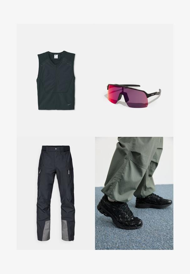 Schwarzes ärmelloses Sportoberteil mit einem Frontreißverschluss, strukturierten Schultern und reflektierenden Akzenten, hergestellt aus leichtem, atmungsaktivem Material.; Schwarzes langärmliges Sportoberteil mit Viertel-Reißverschluss und weißem Nike-Swoosh-Logo auf der linken Brust, präsentiert vor einem schlichten Hintergrund.; Schwarze Outdoor-Hosen mit geradem Schnitt, seitlichen Taschen, grauen Akzenten an den Unterschenkeln und strapazierfähigem Material. Wasserabweisendes Design.; Schwarze Sport-Sneaker mit glänzenden und Netztexturen, ausgestattet mit einer dicken Sohle und Schnürsenkeln, kombiniert mit lässigen, olivgrünen Cargo-Hosen.; Schwarze Sportsonnenbrille mit pink-violetten Verlaufslinsen und sleek geometrischem Design. Verfügt über ein verstellbares Nasenstück und ein Logo-Detail am Bügel.