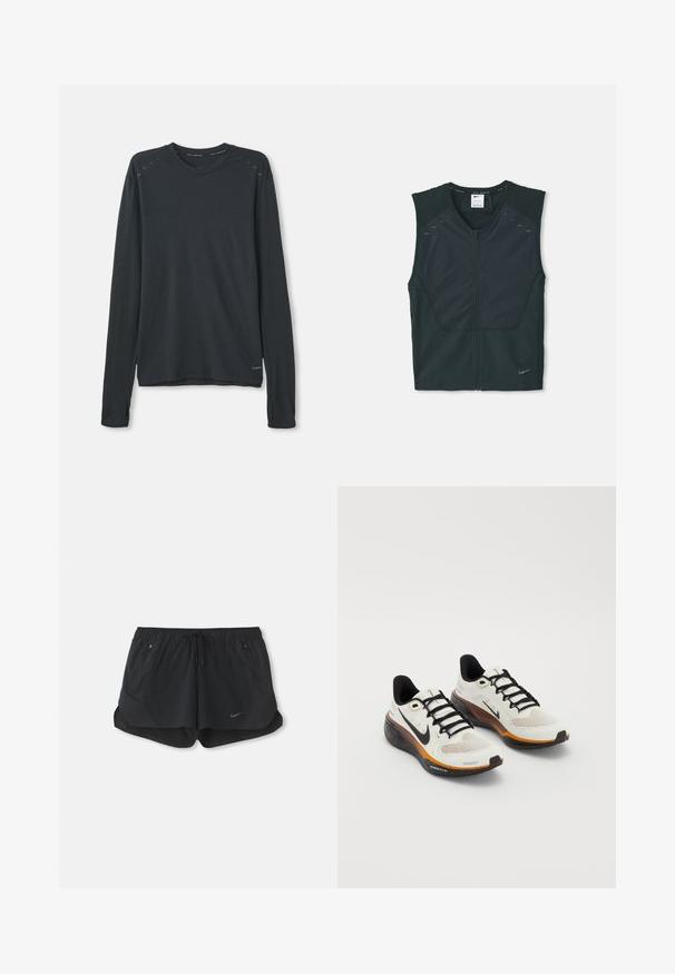 Black sleeveless athletic vest with a front zipper, textured shoulders, and reflective accents, made from lightweight, breathable fabric.; Long-sleeve athletic shirt in dark gray fabric. Features a round neckline, subtle textured pattern, and light blue accent details on shoulders.; Black athletic shorts with an elastic waistband and drawstring. Features two side pockets and a Nike logo on the front left.; Nike running shoes featuring a white mesh upper, black laces, orange and black sole with speckled detailing, and breathable design.
