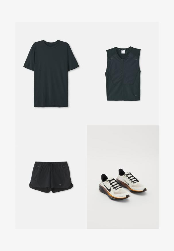 Czarna, bezrękawnikowa kamizelka sportowa z zamkiem z przodu, teksturowanymi ramionami i odblaskowymi detalami, wykonana z lekkiego, oddychającego materiału.; Czarna szara koszulka z krótkim rękawem, wykonana z miękkiego materiału, z okrągłym dekoltem, z delikatnymi poziomymi wycięciami po bokach.; Czarne szorty sportowe z elastycznym paskiem w talii i sznurkiem. Posiadają dwie boczne kieszenie oraz logo Nike z przodu po lewej stronie.; Buty do biegania Nike z białą siateczką, czarnymi sznurówkami, pomarańczowo-czarną podeszwą z plamkami oraz oddychającą konstrukcją.