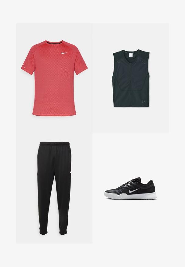 Colete atlético sem mangas preto com fecho na frente, ombros texturizados e detalhes refletivos, feito de um tecido leve e respirável.; T-shirt atlético vermelho com padrão texturizado, mangas curtas, decote redondo e um logótipo branco da Nike no peito.; Calças de desporto pretas feitas de tecido suave, com uma cintura elástica, pernas ajustadas e um pequeno logo branco no lado esquerdo.; Sapatilha atlética preta com um cabedal texturizado, swoosh branco da Nike e uma sola de borracha branca. Apresenta um design com atacadores e uma forma dinâmica.